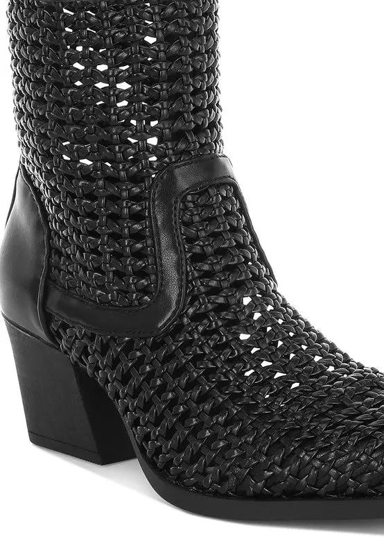 Artisole Woven Pleather Block Heel Boots for Stylish Comfort - Love Salve